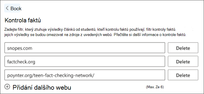 Snímek obrazovky s možností ověření faktů v nastaveních. V seznamu jsou tři výchozí weby pro ověřování faktů – je možné je odstranit a další je možné přidat, aby vyhovovaly potřebám učitelů