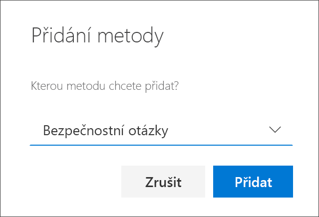 Pole Přidat metodu s vybranými bezpečnostními otázkami