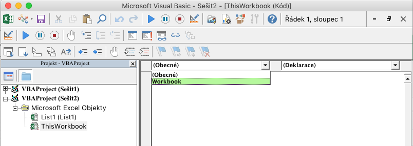 Editor jazyka Visual Basic zobrazuje rozevírací seznam pro výběr objektu