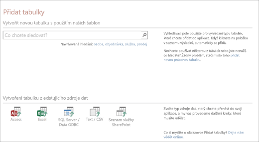 Přidání tabulek do webové aplikace pro Access