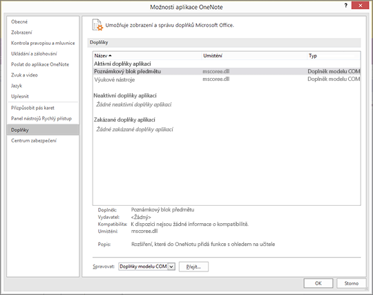 Podokno Spravovat doplňky pro Office s vybraným poznámkovým blokem předmětu Oddíl pro správu doplňků modelu COM pomocí tlačítka Přejít