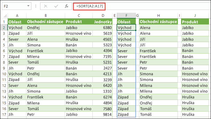 Seřaďte oblasti dat pomocí funkce SORT. Tady jsme pomocí funkce =SORT(A2:A17) seřadili oblasti a pak jsme zkopírováním této funkce do buněk H2 až J2 seřadili jména prodejců a produkty.