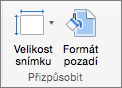 Snímek obrazovky ukazuje skupinu Přizpůsobit s možnostmi Velikost snímku a Formát pozadí.