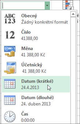 Příkaz Datum (krátké) v galerii Formát čísla