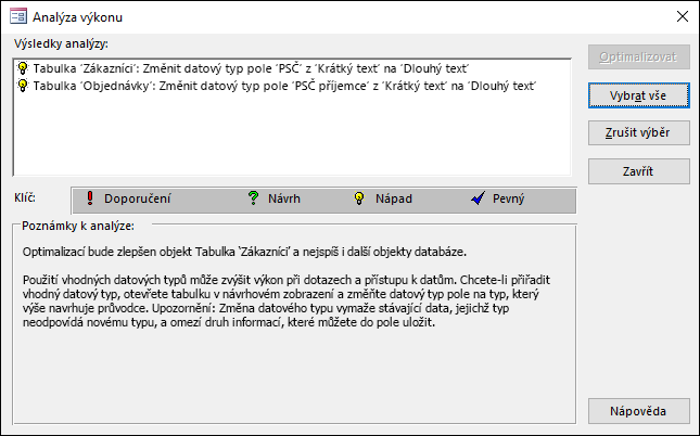 Dialog výsledků Průvodce analýzou výkonu po spouští na accessové databázi