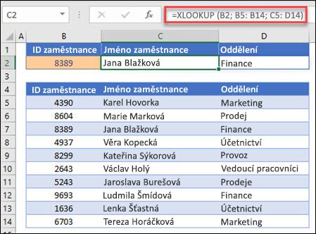 Příklad funkce XLOOKUP, která se používá k vrácení jména a oddělení zaměstnance na základě IDt zaměstnance. Vzorec je: =XLOOKUP(B2,B5:B14,C5:D14,0,1)