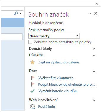 Úkoly se přehledně zobrazují v podokně Souhrn značek.