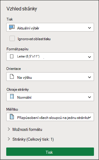 Tisk aktuálního výběru v Excel pro web