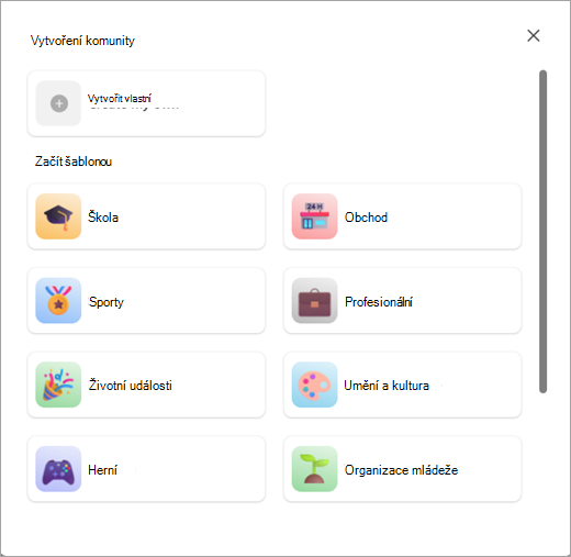 Snímek obrazovky s tlačítky pro vytvoření komunity se šablonou nebo bez šablony v komunitách v Microsoft Teams (zdarma)