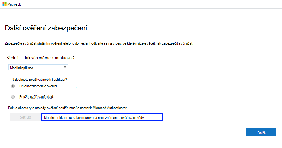 Snímek obrazovky se stránkou Další ověření zabezpečení s nakonfigurovanou mobilní aplikací zpráva o úspěchu zvýrazněná.