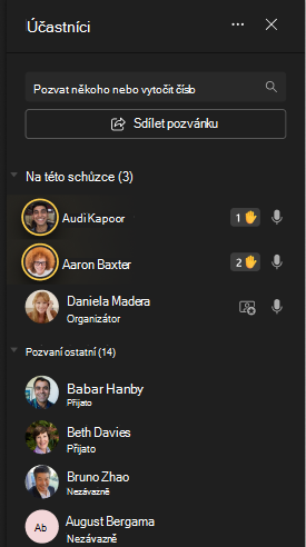 Obrázek znázorňující účastníky na levé straně obrazovky s ikonami zvednutí rukou