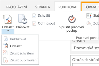 Tlačítka Odeslat na kartě publikování v režimu úprav.