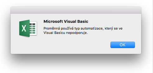 Chyba Microsoft Visual Basicu: Proměnná používá typ automatizace, který se ve Visual Basicu nepodporuje.