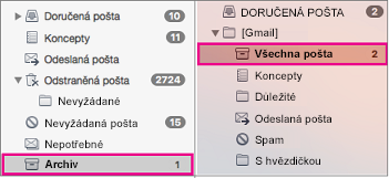 Vedle sebe zobrazené seznamy složek Exchange a Gmailu se zvýrazněnými složkami archivu