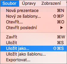 Ukazuje nabídku Soubor > Uložit jako v PowerPointu 2016 pro Mac.