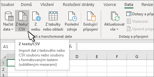 Vybrání možnosti Z textu/CSV na kartě Data