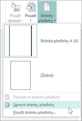 Snímek obrazovky s rozevíracím seznamem Upravit stránky předlohy v Publisheru