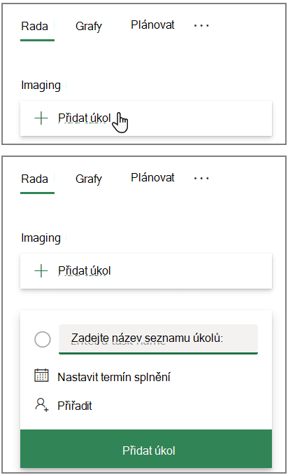 Snímek obrazovky s polem přidat úkol v Planneru