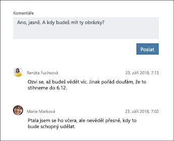 Snímek obrazovky s částí Komentáře na úkolu Planneru