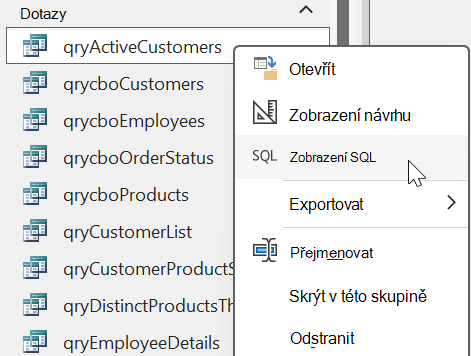 Možnosti nabídky zobrazené po kliknutí pravým tlačítkem myši z objektu dotazu v accessové databázi s vybranou možností Zobrazení SQL