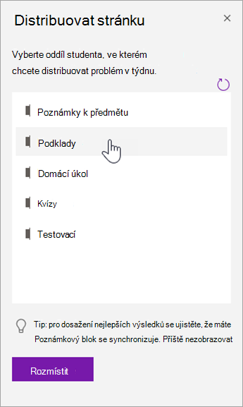 V podokně stránky Distribuovat zvolte oddíl studenta.