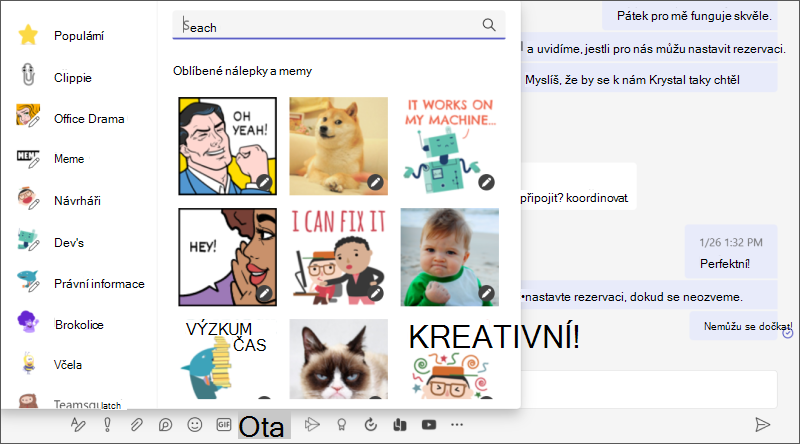 Oblíbené nálepky v Teams