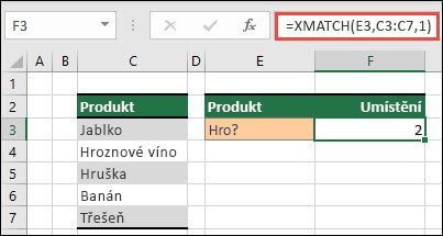 Excelová tabulka obsahuje seznam různých ovocných produktů od buňky C3 až C7. Vzorec XMATCH se používá k vyhledání pozice v tabulce, kde text odpovídá "gra" (definované v buňce E3). Vzorec vrátí "2", protože text "Grape" je v tabulce na druhé pozici.