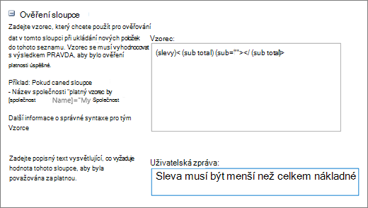 Dialogové okno ověření sloupce s poli vyplněnými ukázkovými daty