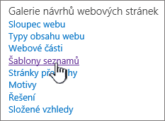 Odkaz šablony seznamů na stránce nastavení webu