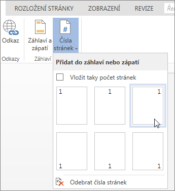 Galerie čísel stránek ve Wordu Online
