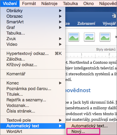Nabídka Vložit s automatickým textem > Nový je zvýrazněná.