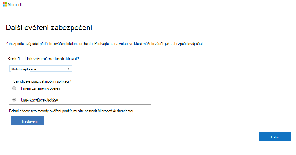 Další stránka ověření zabezpečení s možností mobilní aplikace a oznámení
