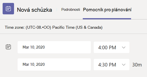 Karta Pomocník plánování ve formuláři pro naplánování nové schůzky v Teams