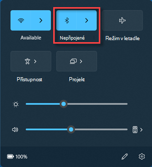 Tlačítko Bluetooth ve stavu Nepřipojené v rychlém nastavení