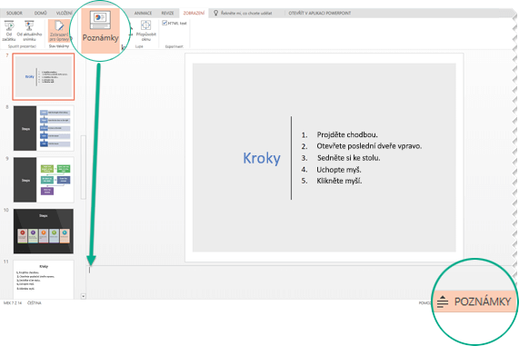 Podokno poznámek se zobrazuje v dolní části okna.