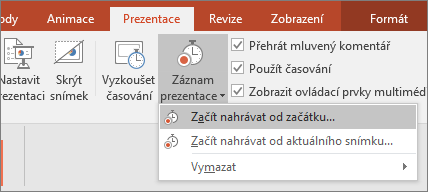 Ukazuje tlačítko pro záznam prezentace v PowerPointu.