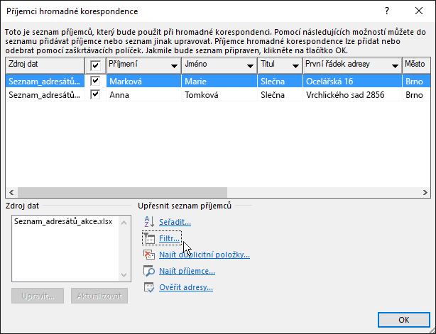 Výsledky filtrování seznamu příjemců v rámci wordové hromadné korespondence