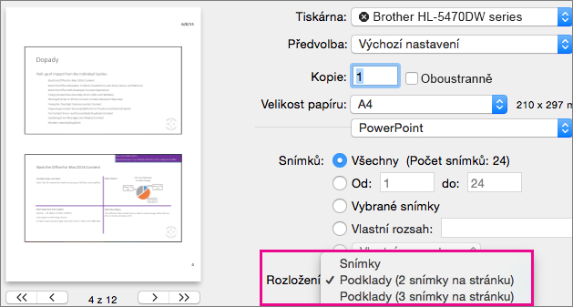 Tisk podkladů v PowerPointu pro Mac