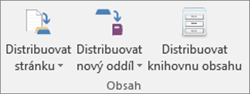 Ikony na kartě Poznámkový blok předmětu, včetně ikon Distribuovat stránku, Distribuovat nový oddíl a Distribuovat knihovnu obsahu