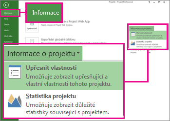 Nabídka Informace o projektu se zvýrazněnou položkou Upřesnit vlastnosti