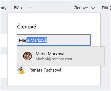 Snímek obrazovky se seznamem členů při zadávání názvu nového člena plánu