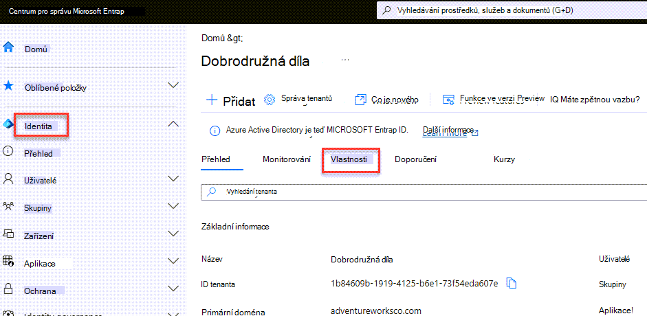 Položka vlastností v centru pro správu Azure Active Directory (AAD).