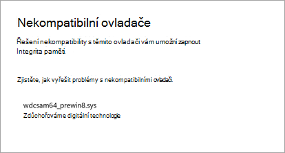 Funkce integrity paměti systému Windows, která ukazuje, že ovladač není kompatibilní