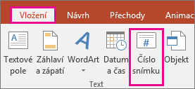 Zobrazuje tlačítko čísla snímku na pásu karet v PowerPointu.