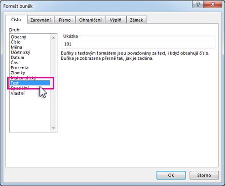 Uložit jako text v dialogovém okně Formát buněk
