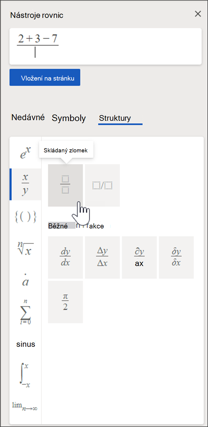 Boční panel nástrojů pro rovnice, ve kterém je pole pro návrh rovnice a knihovna struktur a symbolů.