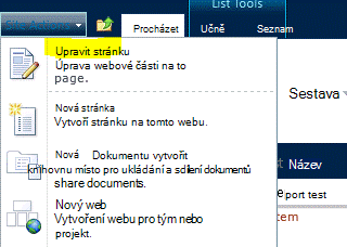 Příkaz Upravit stránku v nabídce Akce webu