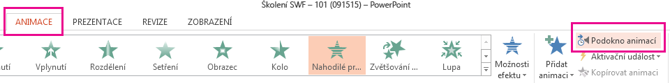 Možnost Podokno animací je na kartě Animace.
