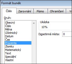 Kategorie Procenta v dialogovém okně Formát buněk