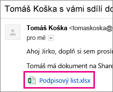 E-mail zvoucí příjemce ke sdílení dokumentu